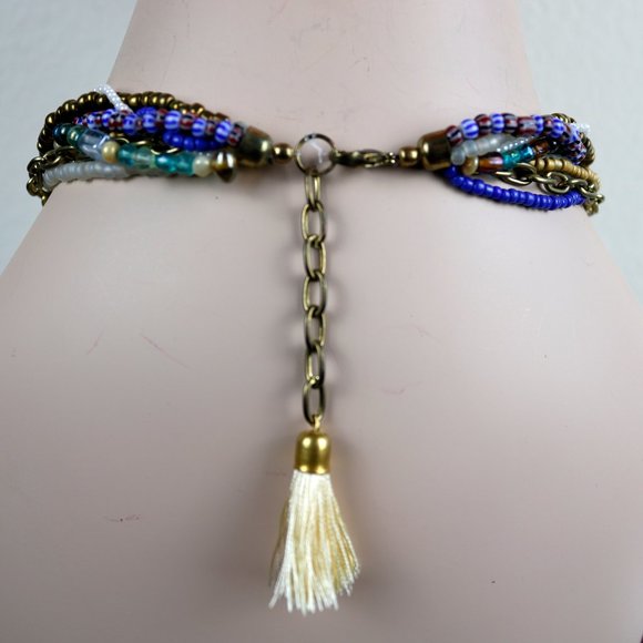 Blue and Gold Beaded Boho Choker Necklace - Picture 2 of 2